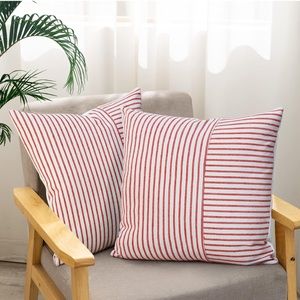 Boho Farmhouse Pillow Covers 18x18, Set of 2, Red and Cream Striped Linen